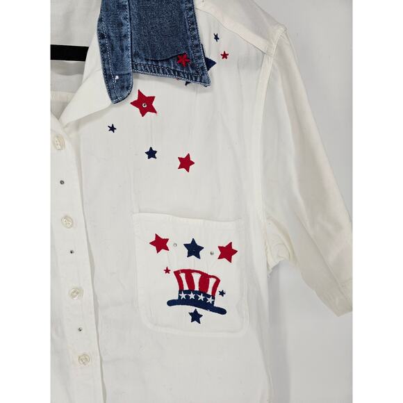 Quizz Woman Womens Embroidered Short Sleeve Denim Collar Button Down Top Size 16 - Picture 3 of 6